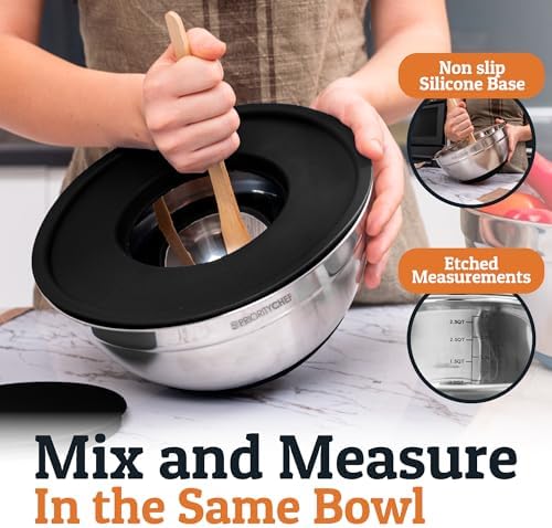 Priority Chef 6Pc Stainless Steel Mixing Bowls with Lids Set, Huge 7 Qrt Size Metal Bowl Set for Kitchen, 3 Graters, Non-Slip Bases & Silicone Utensils Set, Black