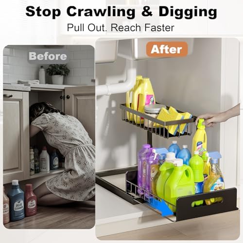 REALINN Under Sink Organizer, L-Shaped Pull Out Cabinet Organizer, Kitchen