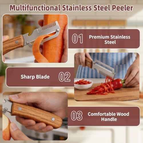 Multifunctional Vegetable Peeler, 3 in 1 Veggie Peeler and Julienne Shredder Tool with Wooden Handle for Peeling Fruit Pumpkin Potato Carrot(2 Pack)