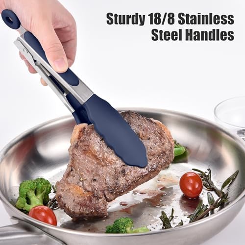 Doosu Kitchen Tongs with Silicone Tips for Cooking Serving (7in, Navy Blue)