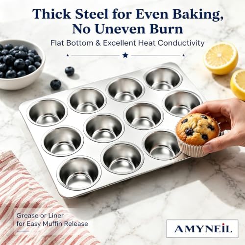 12-Cup Muffin Pan, Stainless Steel Cupcake Pan for Baking, 1-Pack