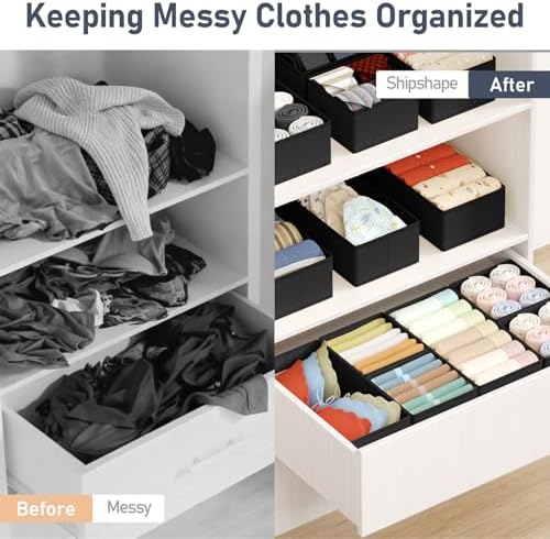 DIMJ Drawer Organizers Clothes, Set of 16 Dresser Organizer Bins, Fabric Closet Organizers and Storage, Shallow Drawer Dividers for Nursery, Clothing, Baby Clothes, Socks, Underwears, Tie (Black)