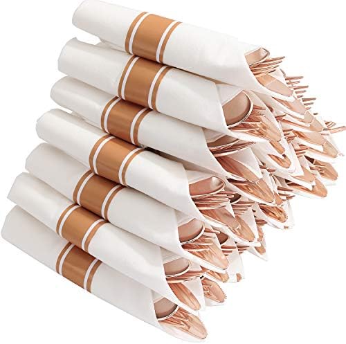 Supernal 30 Pack Pre Rolled Rose Gold Plastic Silverware, Linen Napkin