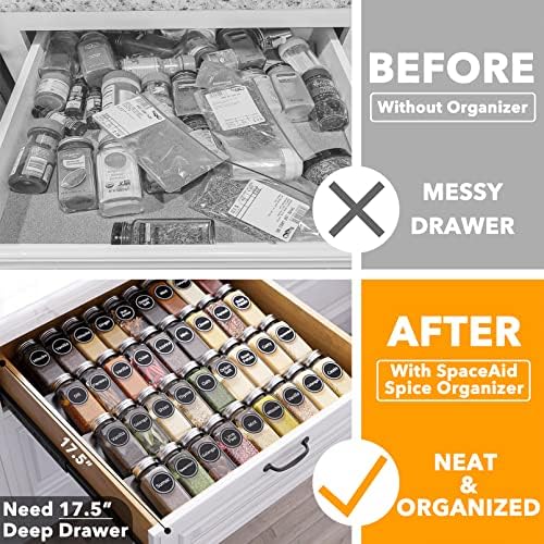 SpaceAid Spice Drawer Organizer with 36 Spice Jars, 386 Spice Labels, 4 Tier Seasoning Rack Tray Insert for Kitchen Drawers, 16.75" Wide x 17.5" Deep