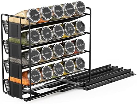 SpaceAid Pull Out Spice Rack Organizer with 20 Jars, Heavy Duty Slide Out Seasoning Organizer for Kitchen Cabinets, with 801 Labels and Chalk Marker, Right Facing