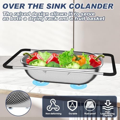 Over the Sink Colander, Expandable Strainers and Colanders with Fine Mesh, Colander for Kitchen with Rubber Grip for Draining Pasta, Vegetables and Fruits - Essential Kitchen Sink Strainer