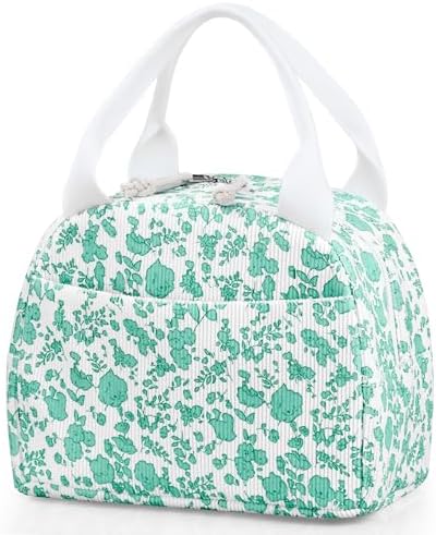 TESAFNG Lunch Bag - Insulated Lunch Box for Women, Reusable Large Capacity Cooler Bag for Adult, Small Leakproof Cute Corduroy Lunch Tote for Work Office Travel Picnic (Corduroy Teal-Flower)