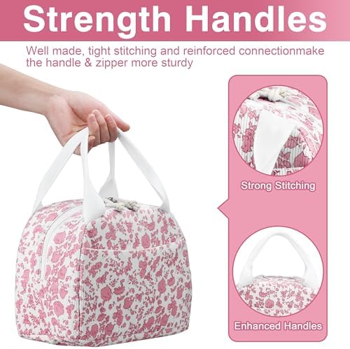TESAFNG Lunch Bag - Insulated Lunch Box for Women, Reusable Large Capacity Cooler Bag for Adult, Small Leakproof Cute Corduroy Lunch Tote for Work Office Travel Picnic (Corduroy Rose Red-Flower)