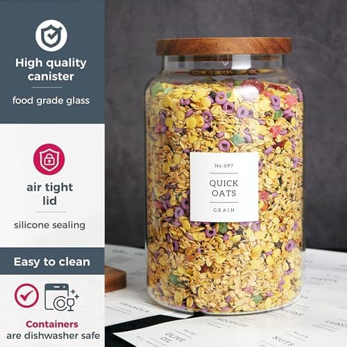 CZHQSMZ Set of 2 Large Glass Flour and Sugar Containers with 132 Pantry Labels - Glass Food Storage Jars with Airtight Bamboo Lid for Flour Pasta Candy Coffee Cookie and More(1 Gallon/4000 ml)