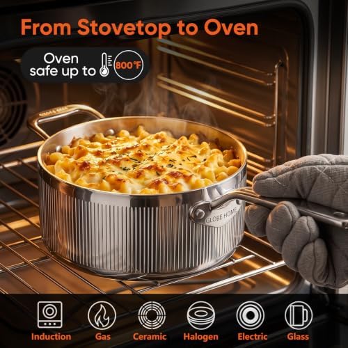 3 Qt 5-Ply Clad Stainless Steel Saucepan with Lid & Helper Handle