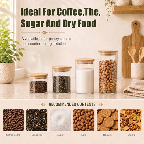3 Pack 1200 ML / 40 FL Oz Glass Storage Container with Wood Lid, Stackable Clear Decorative Organizer Bottle Canister Pantry Jar with Air Tight Wooden Lid for Food, Coffee, Candy, Sugar, Salt, Tea