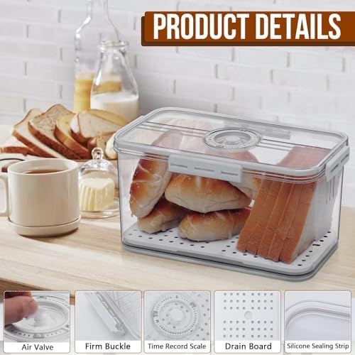 Gifhomfix Bread Box Bread Boxes for Kitchen Counter Airtight, Time Recording Bread Storage Container with Lid, Bread Keeper for Homemade Bread, Toast, Bagel, Donut and Cookies, LARGE White