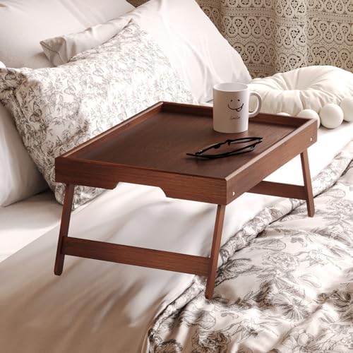 Fibogollo 2 Pack Bamboo Bed Tray Table with Folding Legs,Breakfast Trays,Serving Tray for Food and Snack,Laptop Trays for Working(Brown)