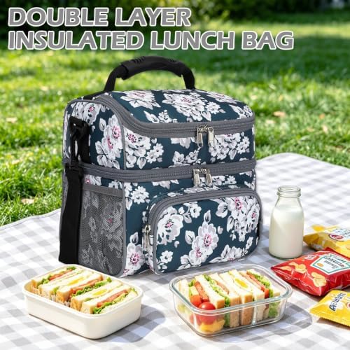 FlowFly Double Layer Cooler Insulated Lunch Bag Adult Lunch Box Large Tote Bag for Men, Women, With Adjustable Strap,Front Pocket and Dual Large Mesh Side Pockets