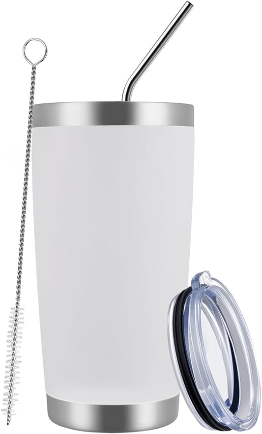 MEWAY 20oz Tumbler Cup Double Wall Vacuum Insulated Travel Mug Bulk, Stainless Steel Tumblers with Lid and Straw, Durable Powder Coated Coffee Cups for Cold & Hot Drinks (White, 1)