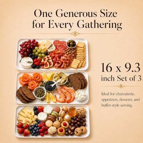 DELLING 16 Inch Large Serving Platter Set of 3, White Porcelain Platters for Serving Food - Rectangular Serving Trays for Party Entertaining, Oven Safe to 590°F, Dinnerware