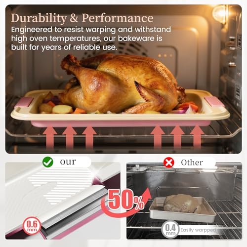 Kikcoin 25-Piece Nonstick Baking Pans Set with Large Turkey Roasting Pan, Stackable Bakeware Set, 450°F Oven Safe Baking Sheet Set with Silicone Handles, Carbon Steel Cookie Sheets for Baking, Pink