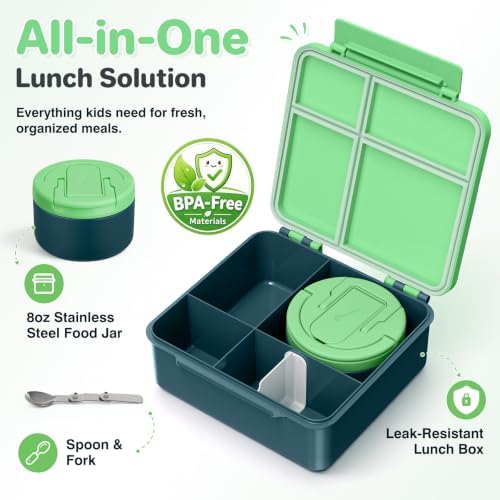 Bento Lunch Box for Kids with 8oz Soup Thermo,Kids Leakproof Lunch Food Containers with 4 Compartment,Kid Insulated Thermo Hot Food Jar for School,Trvael-Green