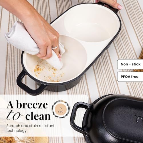 Dutch Oven for Sourdough Bread Baking – Enamelled Cast Iron Bread Loaf Pot – 500°F Oven Safe Non Stick Bread Pot – Double Round Loaf Space, 16.5cm Diameter, Black, – by Nuovva