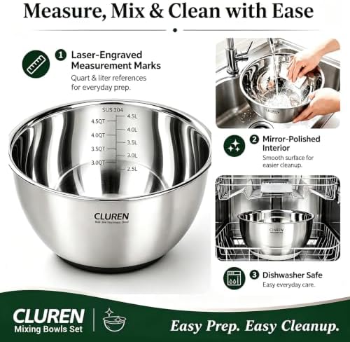 304 Stainless Steel Mixing Bowls Set, 3-Piece (1.5, 3 & 5 QT)