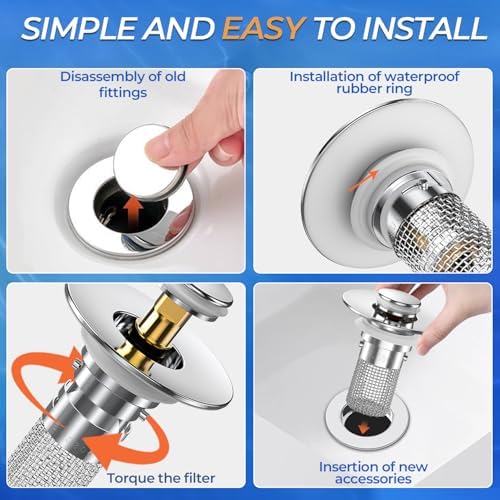 Bathroom Sink Drain Strainer,(4PCS) Pop-up Sink Drain Strainer with Removable Stainless Steel Strainer Basket Hair Catcher, Bathroom Sink Strainer for Bathroom Sink Stopper Replacement