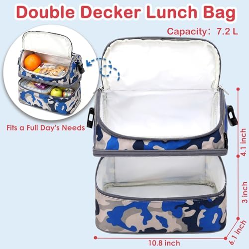 FlowFly Kids Double Decker Cooler Insulated Lunch Bag Large Tote for Boys, Girls, Men, Women, With Adjustable Strap, Blue Camo