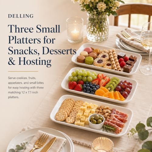 DELLING 12 Inch Serving Platter Set of 3, White Rectangular Serving Plates, Porcelain Serving Trays for Party Entertaining, Large Platters for Meat Sushi Appetizer, Oven Microwave Dishwasher Safe
