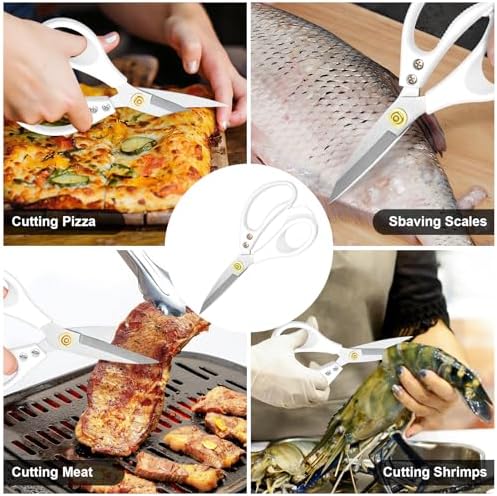 All Purpose Kitchen Scissors, Kitchen Shears Heavy Duty - Dishwasher Safe Food Scissors- Multipurpose Cooking Shears for Meat Poultry Food, Herbs, and Fish, Comfort Grip Handles, White