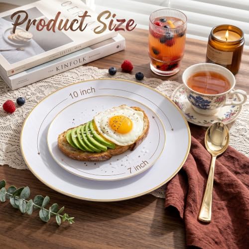 KIRE 100PCS White Plates with Gold Trim - Plastic Disposable Plates - Includes 50Pieces 10.25inch Dinner and 50Pieces 7.5inch Dessert/Salad Plastic Plate for Wedding Receptions/Party/Thanksgiving