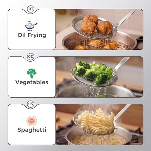Hiware Stainless Steel Fat Skimmer Spoon - Fine Mesh Food Strainer for Grease, Gravy and Foam, Japanese Hot Pot Skimmer with Long Handle (Pack of 2)