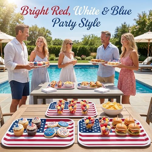 Vesici 6 Pack 4th of July Serving Trays 13x10 Inch American Flag Melamine Platter 250th Anniversary Patriotic Party Supplies Rectangular Food Platters for American Memorial Day Outdoor Picnic