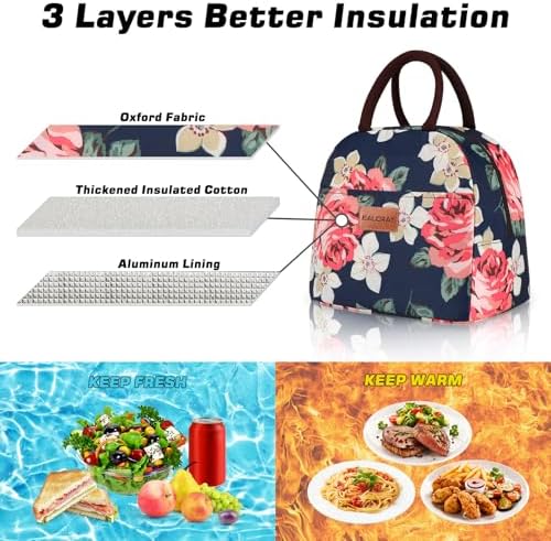BALORAY Lunch Bag for Women Men Adult Lunch Box (Blue With Big Flower), M