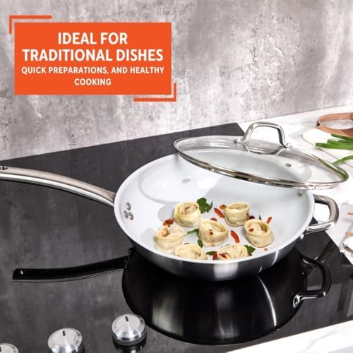 IMUSA 12 Inch 2 Ply Aluminum Ceramic Wok with Glass Lid, Gray