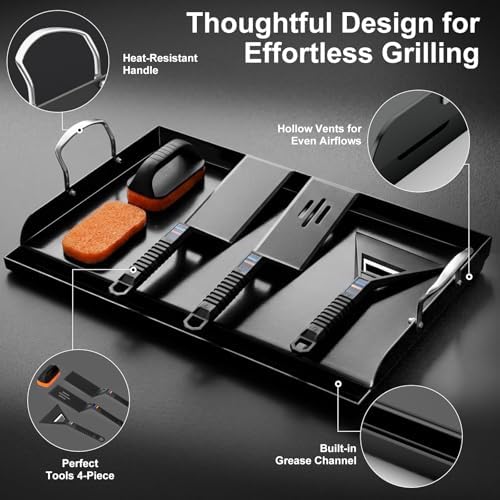 Cast Iron Griddle for Gas Grill with 5-Piece Silicone Griddle Tool Kit 25" x 16" Nano-Ceramic Nonstick Grill Griddle for Gas Charcoal Grills Flat Top Grill Accessories with Stainless Steel Core Tools