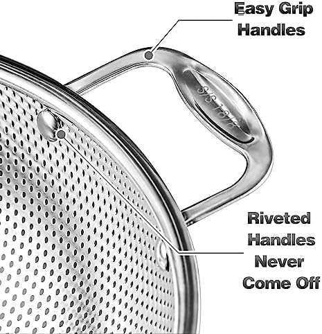 Tiawudi Large 6-Qt Colander, 18/8 Stainless Steel Mesh Strainer for Kitchen, Food Sieve with Riveted Handles and Self-draining Solid Ring Base, Great for Pasta, Rice, Vegetables and Fruits