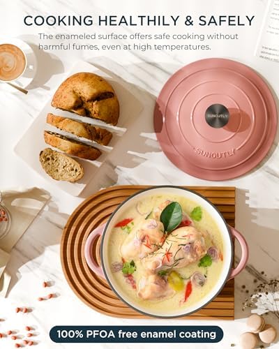 Enameled Cast Iron Dutch Oven - 4.5QT Dutch Oven Pot with Lid & Cotton Potholders - Heavy-Duty Non Stick Casserole Pot for Braising, Stews, Roasting, Baking, Suitable for All Stovetops, Gentle Pink