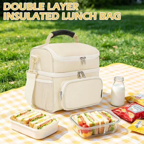 FlowFly Double Layer Cooler Insulated Lunch Bag Adult Lunch Box Large Tote Bag for Men, Women, With Adjustable Strap,Front Pocket and Dual Large Mesh Side Pockets