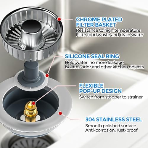zaa Kitchen Sink Drain Strainer - Kitchen Sink Stopper, 304 Stainless Steel Sink Drain Stopper, Sink Protector for Kitchen with Anti-Clog Filter, Fit US Standard 3-1/2'' Sink Drain Hole, Gray