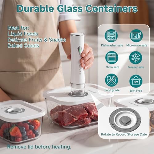 Mehomeli Compact Vacuum Sealer Set with 3 Glass Containers and 30 Bags