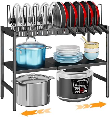 2-Tier Pots and Pans Organizer Under Cabinet,Expandable Pots Lid Organizers Inside Cabinet,Adjustable Metal Storage Shelves Organizer Rack with 10 Dividers For Kitchen Pantry Organization and Storage