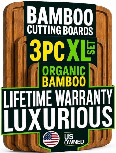 LUXURIOUS Bamboo Cutting Board 3-Piece Set with Carbonized Vertical Grain Strength Technology - Extra Large Wooden Cutting Boards for Kitchen with Deep Juice Grooves - Lifetime Replacements
