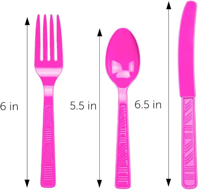 DecorRack Plastic Cutlery Set, Fuchsia Pink Colored Plastic Silverware Sets for Parties, 96 Piece Bulk Heavy Duty Utensils (Fuchsia Pink, 96 Pieces)