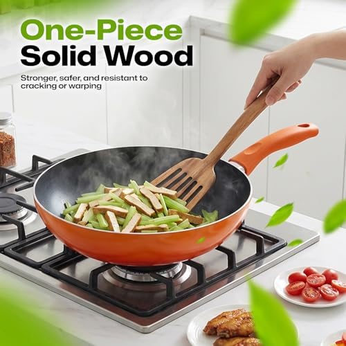 AIUHI Natural Teak Slotted Spatula, Ergonomic Long Handle Cook Spatula, Heat‑Resistant Food‑Grade Wooden Turner for Home Kitchen Daily Cooking