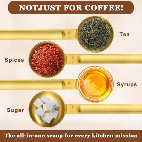 Double Sided Measuring Spoon Stainless Steel Coffee Scoop Teaspoon Measuring Spoon 1 Tsp (5ml) & 1 Tbsp (15ml) Dual-Measure Long-Handle Spoons Coffee Measurings Spoons (Gold)