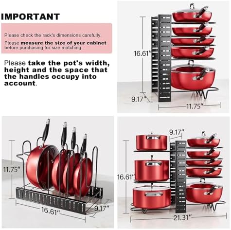MUDEELA 8-Tier Pots and Pans Organizer under Cabinet, 16.61" Height Light Duty Pot and Pan Organizer Kitchen Cabinet Organization and Storage, Adjustable Pot Rack with 3 DIY Methods for Lids, Bakeware