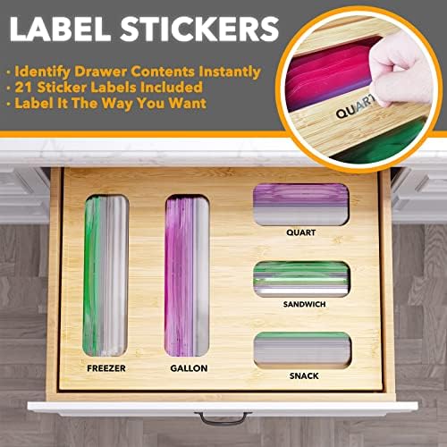 SpaceAid Bag Storage Organizer for Kitchen Drawer, Bamboo Organizer, Compatible with Gallon, Quart, Sandwich and Snack Variety Size Bag (1 Box 5 Slots)