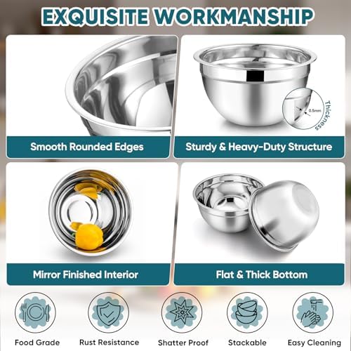 TeamFar Mixing Bowls Set of 5, Stainless Steel Metal Salad Bowls with Lids