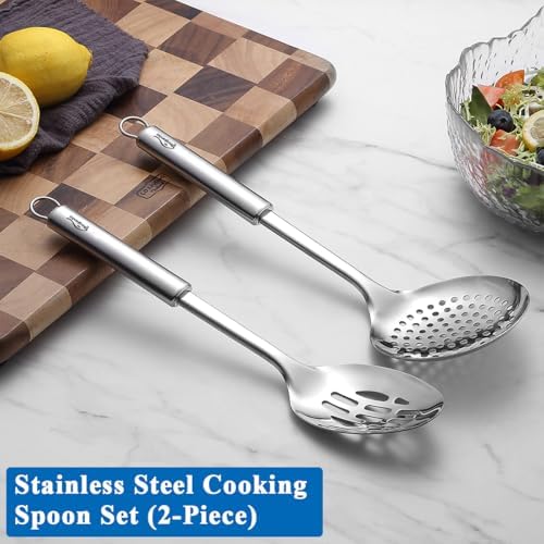 Berglander Kitchen Skimmer Slotted Spoons for Straining 2 pcs 13", Stainless Steel Kitchen Spider Strainer Ladle Spoon for Straining Pasta/Cooking/Frying/Noodle, Metal Kitchen Utensils Pasta Spoon