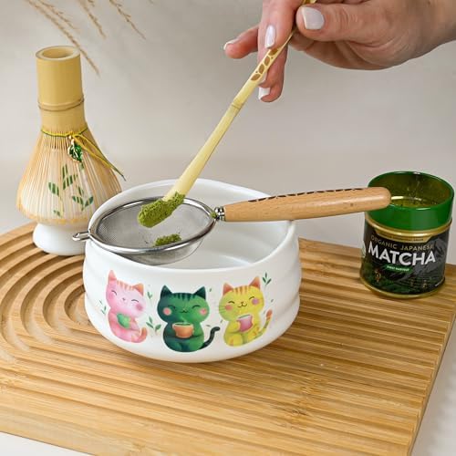 Aprika Life Matcha Whisk Set 6 Pcs - Ceramic Matcha Bowl, Bamboo Whisk, Matcha Whisk Holder, Scoop, Sifter & Tea Cloth - Traditional Handmade Matcha Set - Unfurl Matt White with Cat print