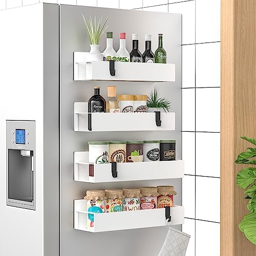 HuggieGems Metal Magnetic Spice Rack for Refrigerator with Hooks White